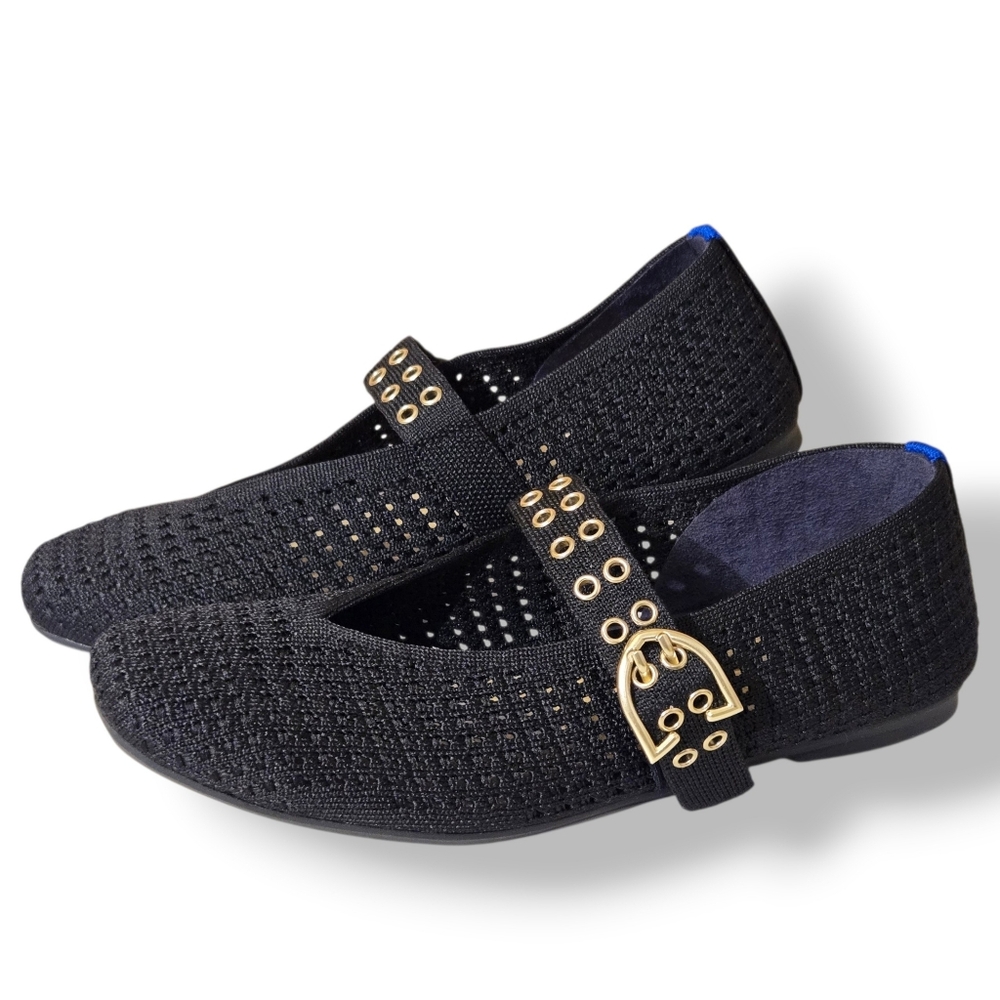 Rothy's Black Knit Flats with Gold Buckle